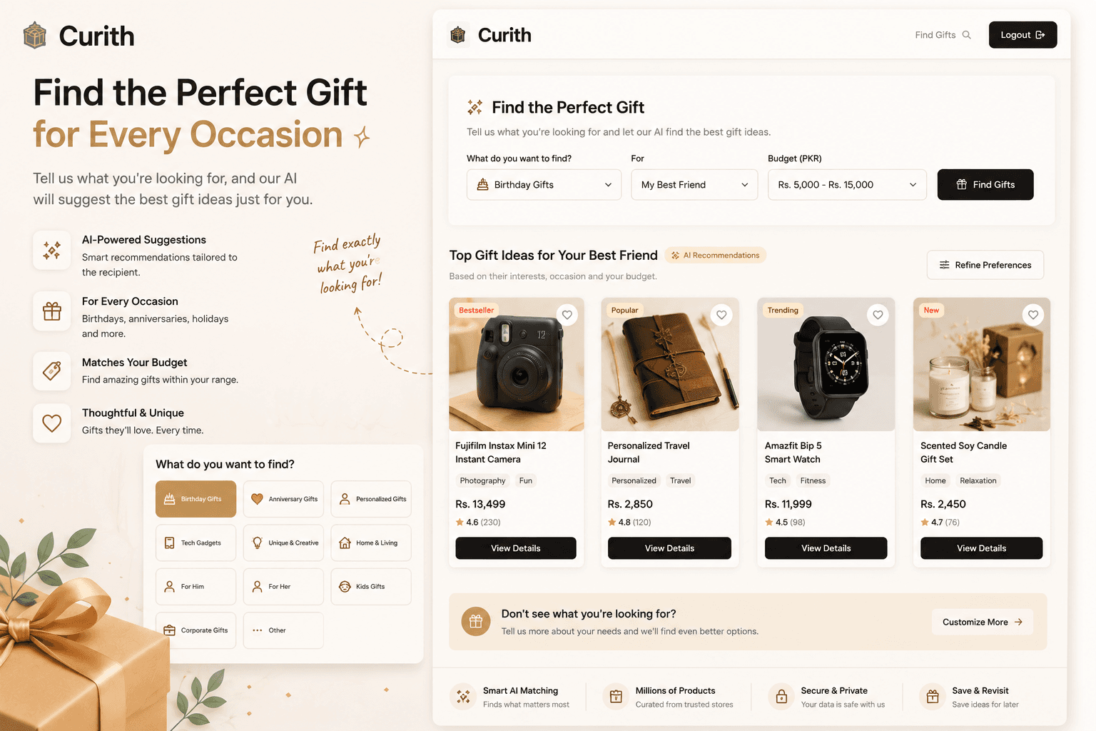Curith AI-curated gift results