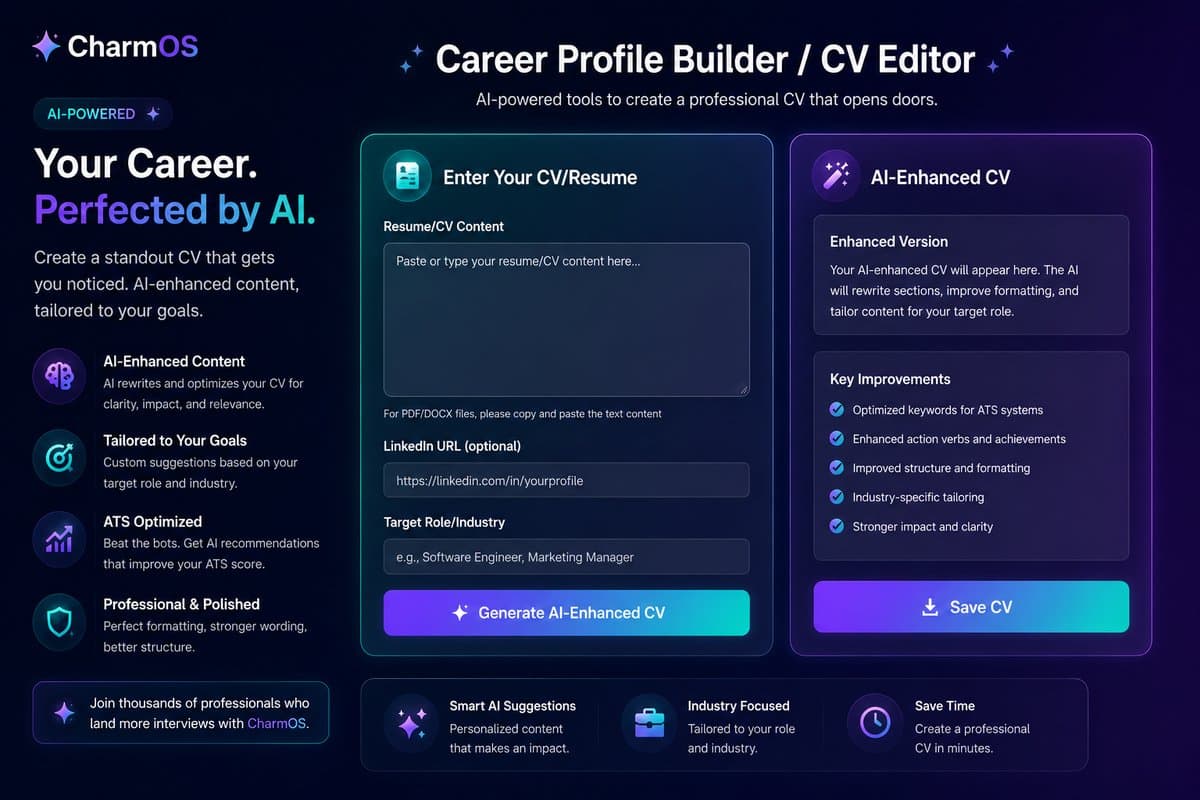 CharmOS Career Profile Builder and CV Editor with AI-enhanced content and ATS optimization.