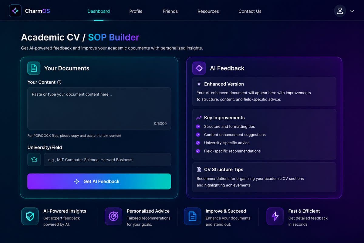 CharmOS Academic CV / SOP Builder with AI feedback for university and field-specific advice.