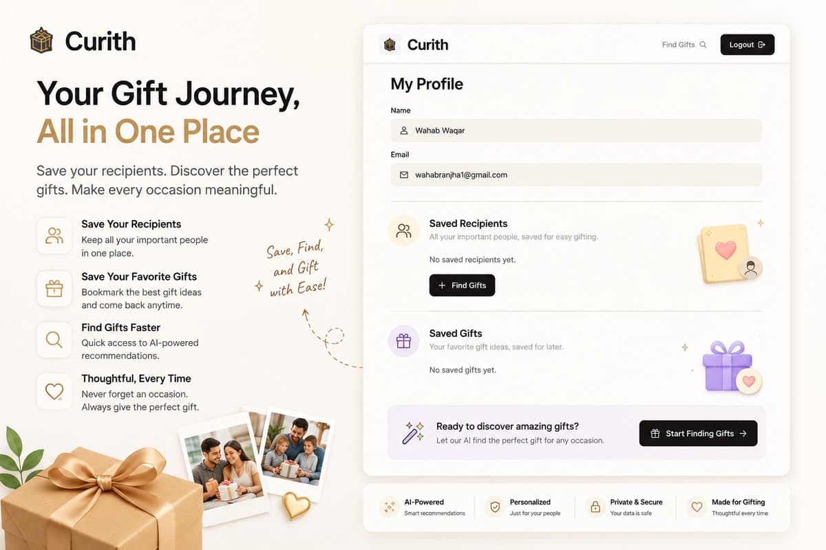 Curith My Profile page with saved recipients, saved gifts, and quick access to AI-powered gift discovery.