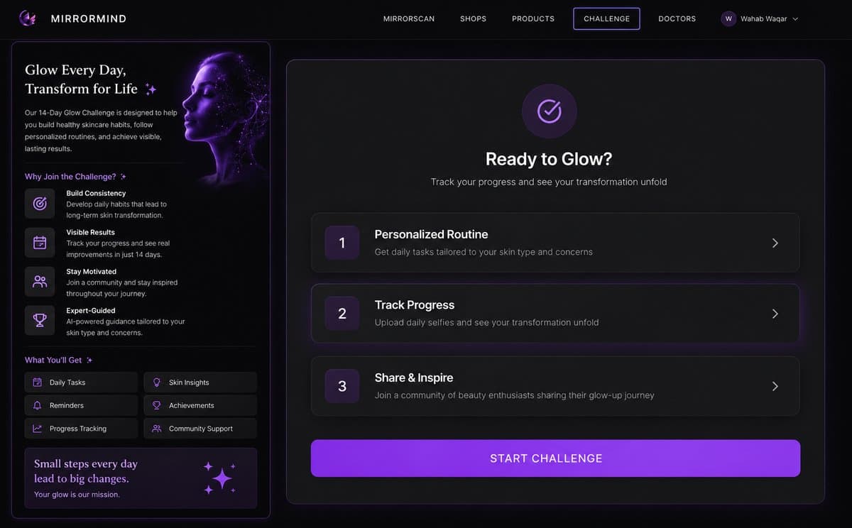 MirrorMind challenge overview with community support, daily tasks, reminders, and progress tracking.