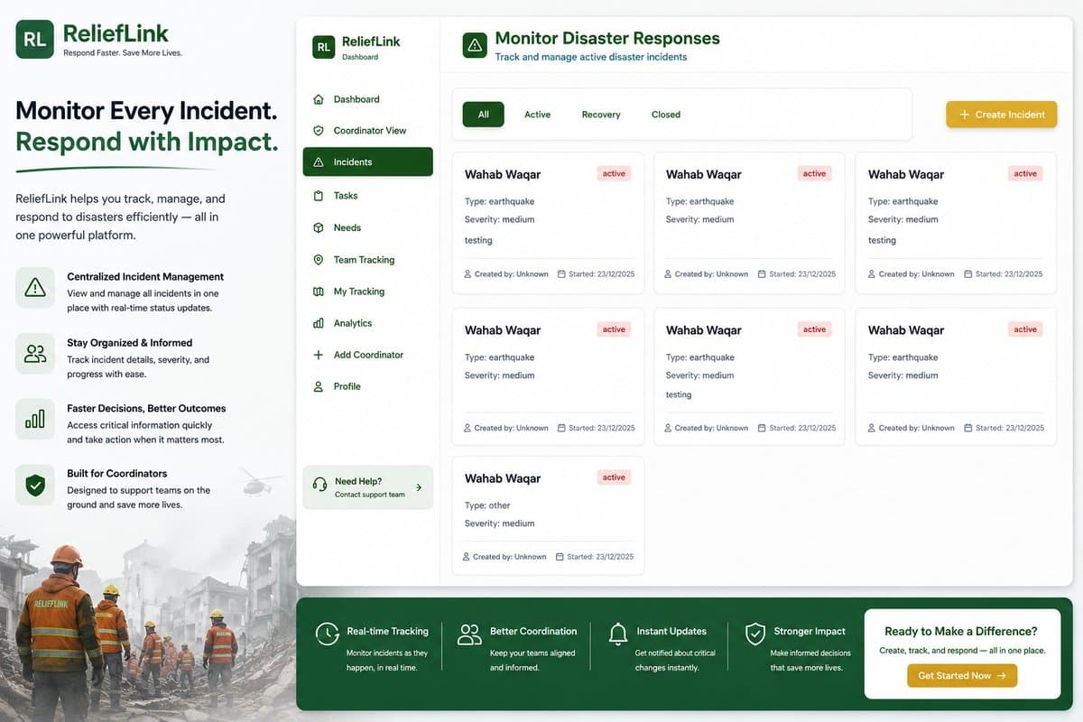 Interactive disaster mapping with geolocation of incidents and safe zones.