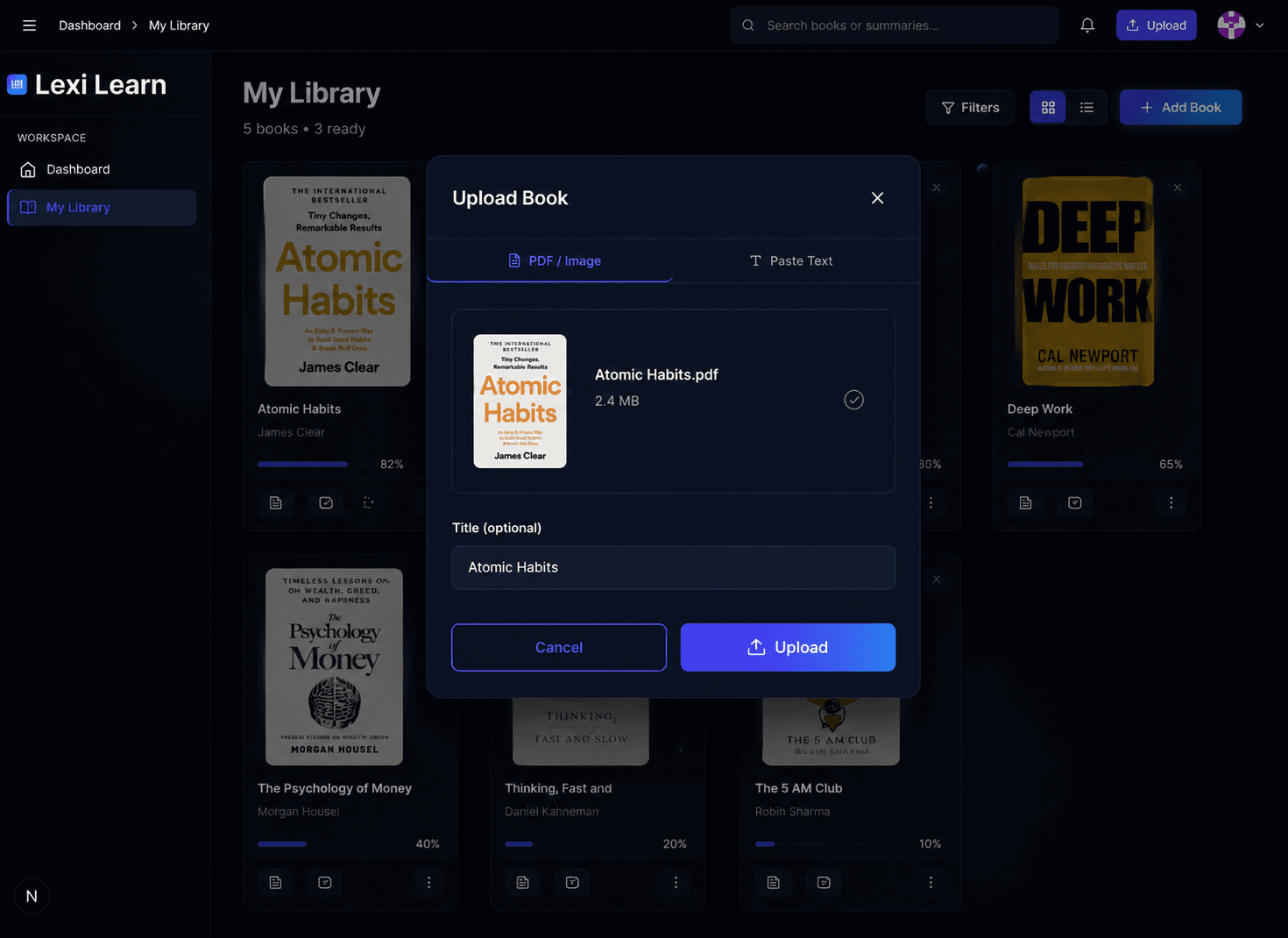 Lexi Learn Upload Book modal