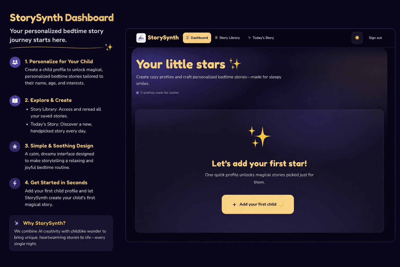 StorySynth homepage for AI personalized children's stories.
